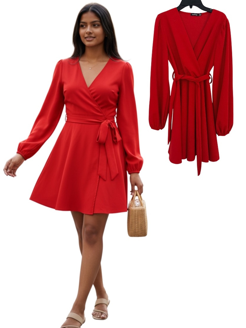 Women's Red Wrap Dress with Tie Waist